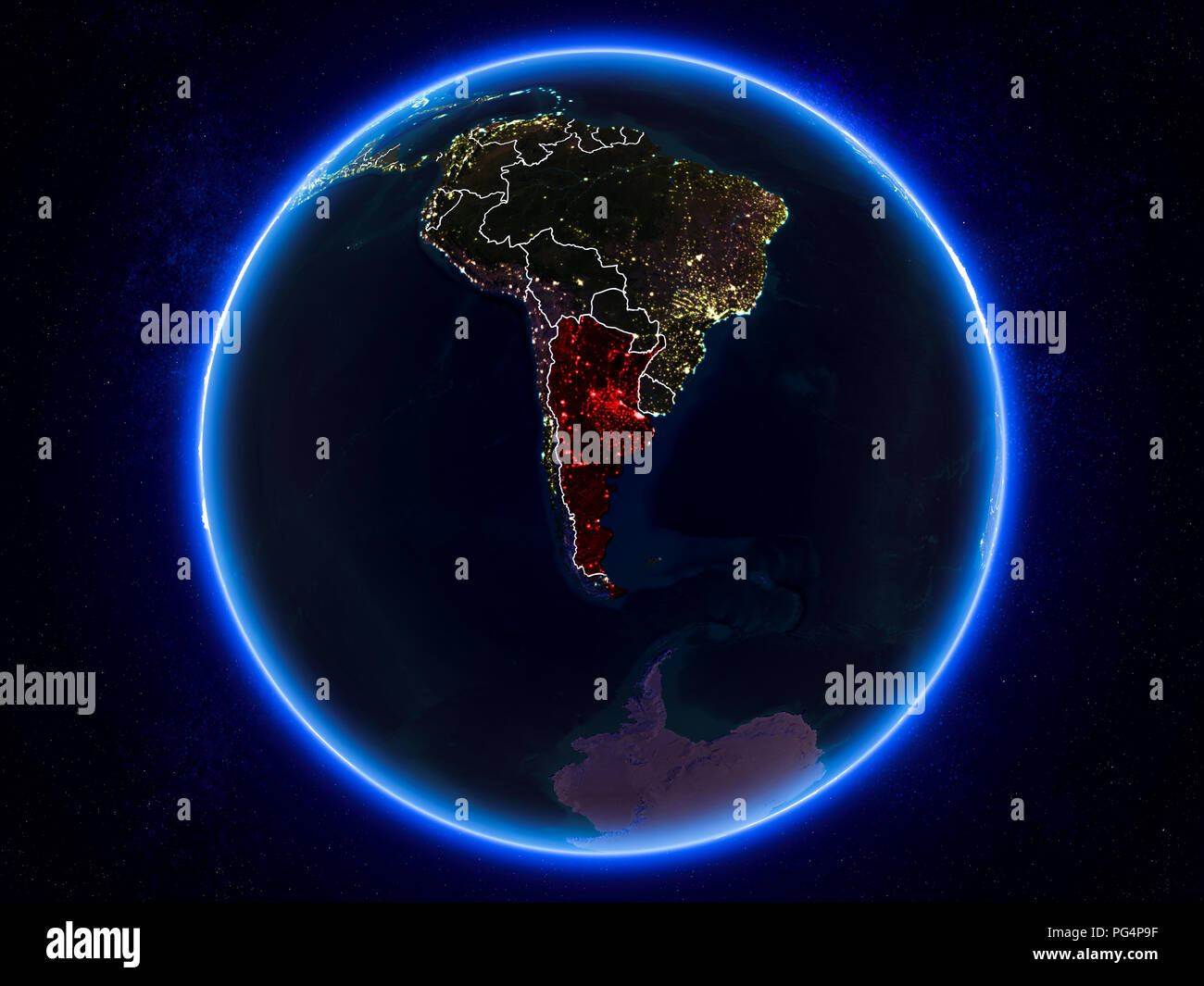 Argentina resaltada en rojo en el Tierra en la noche con bordes