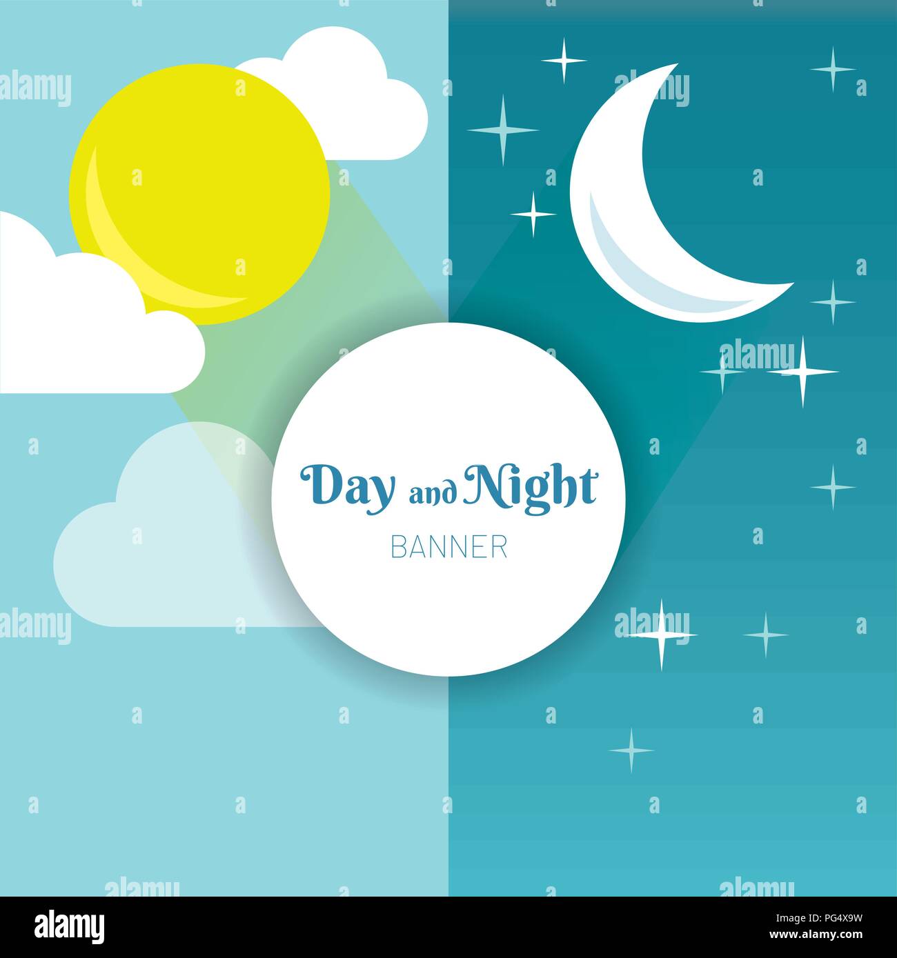 Diseño de día y de noche. El sol, la luna, las estrellas y las nubes banner. Tiempo de fondo. Concepto de previsión banner. Póster de día. Ilustración del Vector