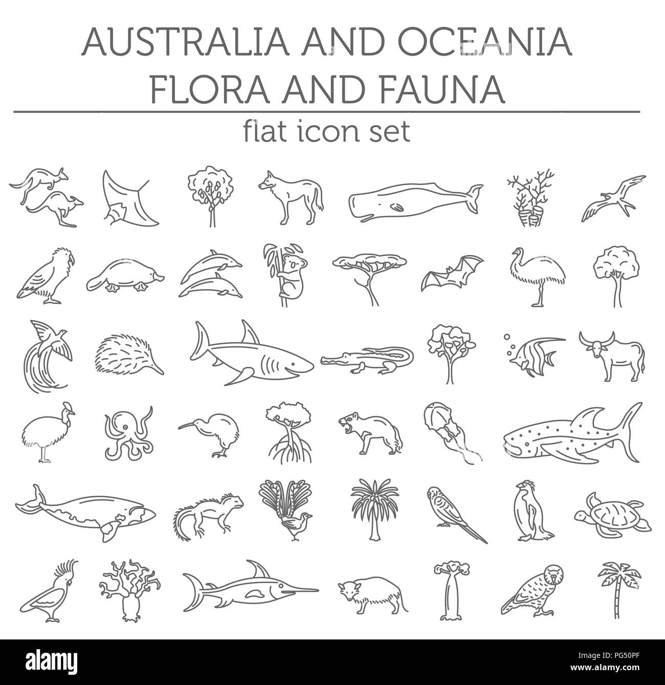 Flat Australia y Oceanía elementos de flora y fauna. Animales, aves y vida marina línea simple conjunto de iconos. Ilustración vectorial Ilustración del Vector
