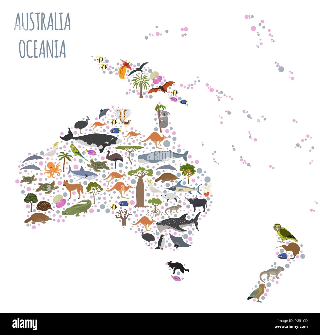 Australia y Oceanía Mapa de flora y fauna, elementos planos. Animales, aves y vida marina grande. Construya su geografía infografía colección. Il vectorial Ilustración del Vector