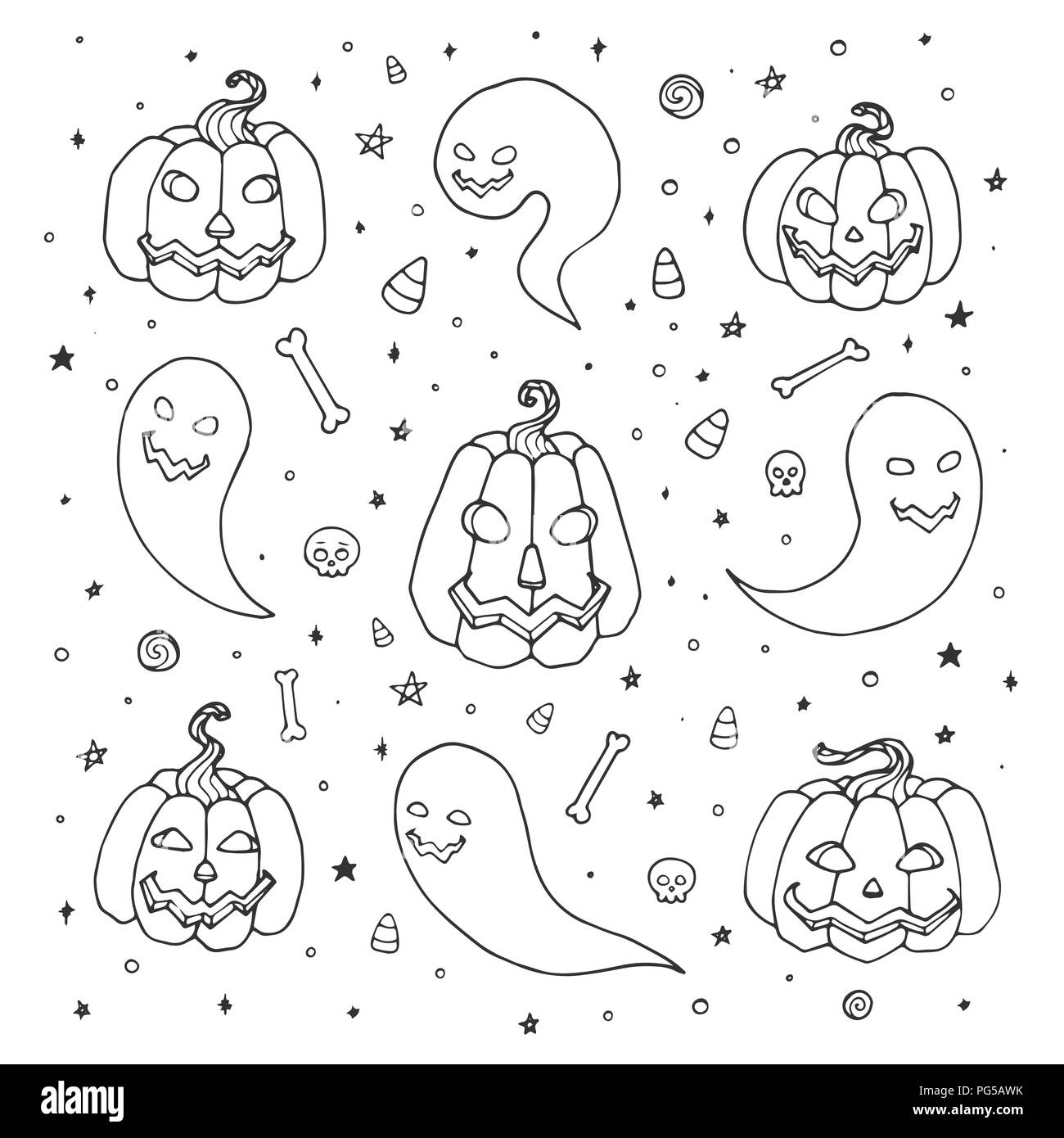 Vector conjunto de Halloween con calabazas, fantasmas con caras tenebrosas, huesos, cráneos y golosinas en estilo boceto. Dibujadas a mano vacaciones de otoño colección de doo Ilustración del Vector