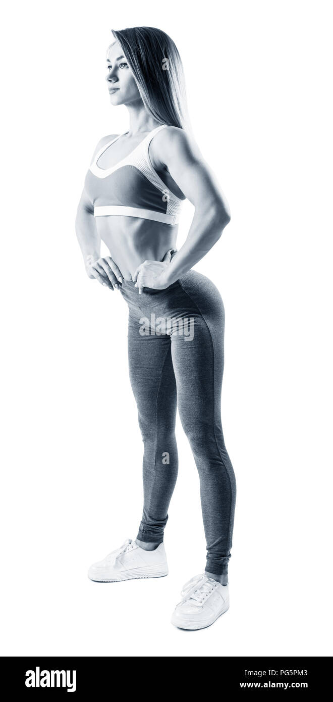 Collage de longitud total fitness mujer de pie en ropa deportiva