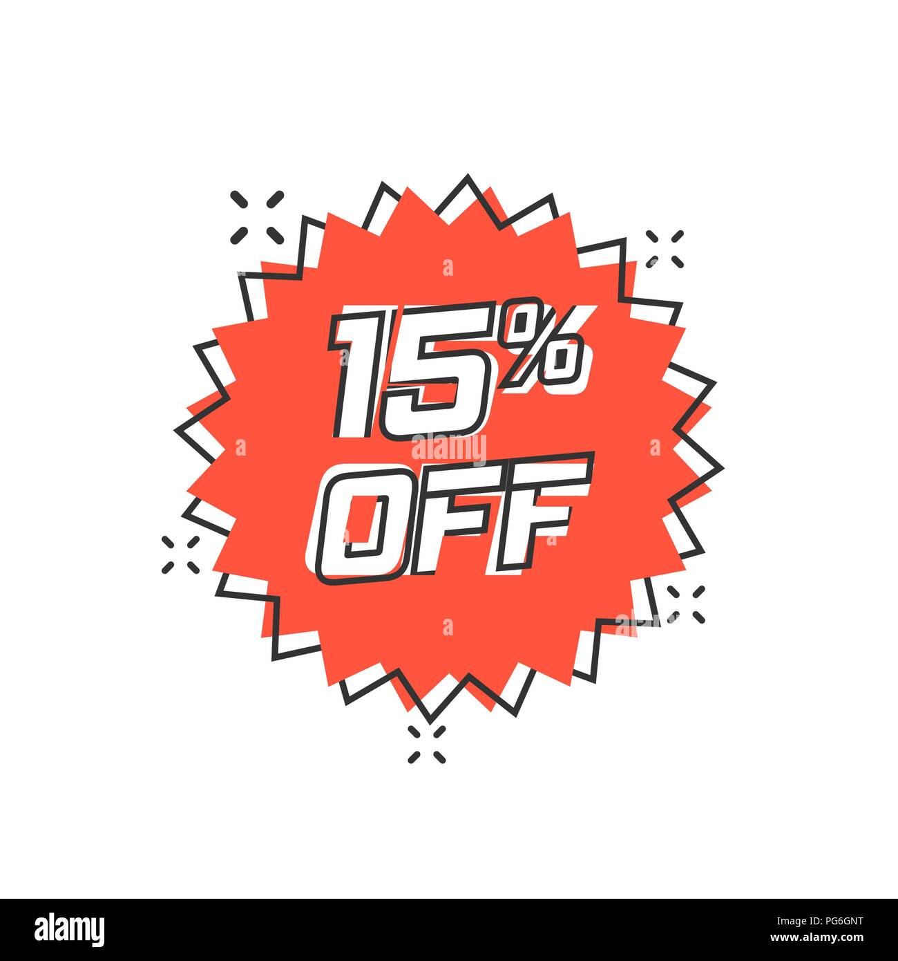 Cartoon vectores icono pegatina de descuento en estilo cómic. Ilustración  de etiqueta venta pictograma. Promoción 15% descuento efecto splash  concepto Imagen Vector de stock - Alamy