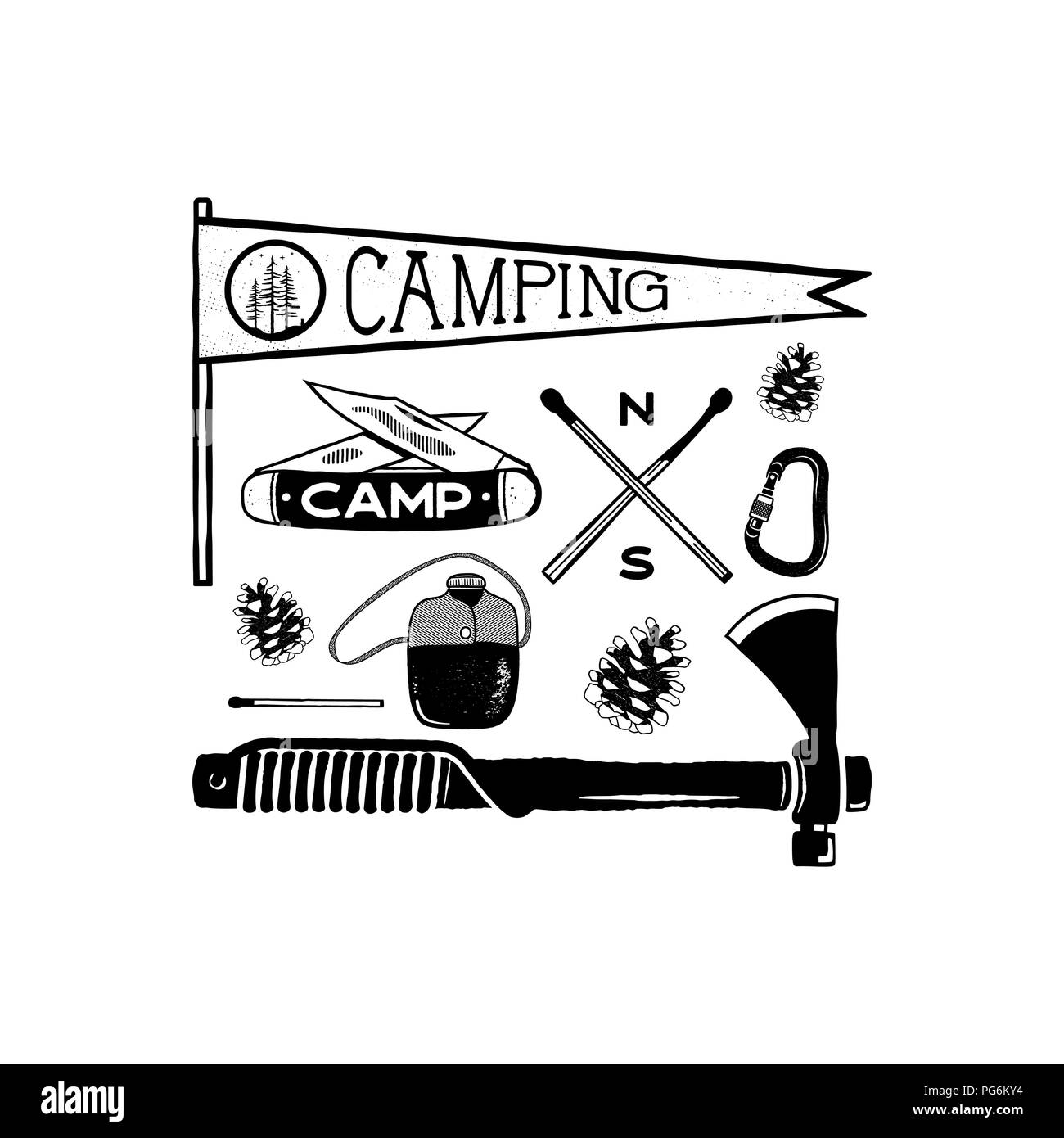 Vintage dibujado a mano formas de aventura de camping. Símbolos de senderismo - Pennant, cuchillo, fósforos, ax y otros. Diseño monocromático retro. Puede utilizarse para camisetas, impresiones. Vector Stock aislado en blanco Ilustración del Vector