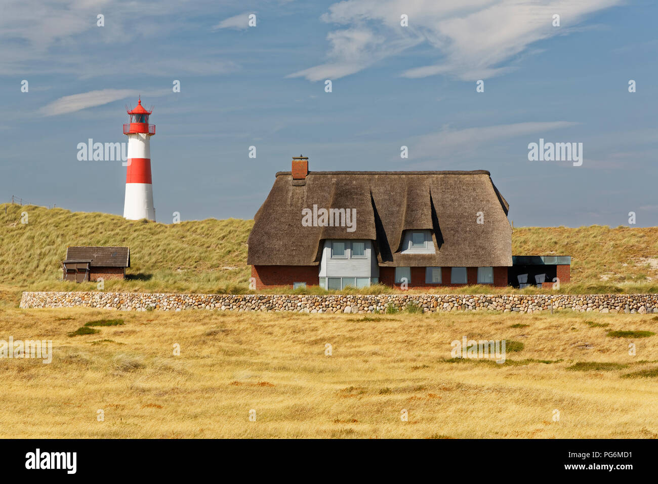 Paisaje dunar, este faro Ellenbogen, Lista del Mar del Norte isla de Sylt, en el norte de las islas de Frisia, en el norte de Frisia Foto de stock