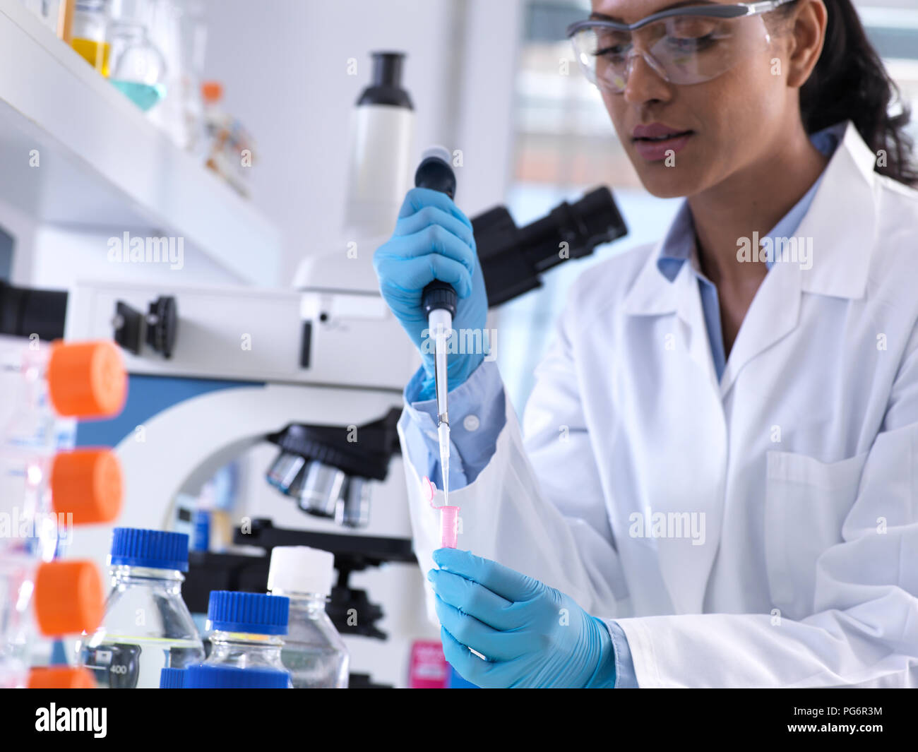 La investigación genética, investigadora química de ADN o de pipeteo de muestra en un frasco de Eppendorf, análisis en el laboratorio. Foto de stock