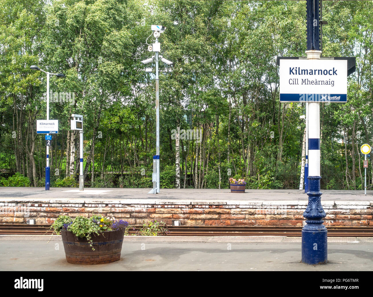 Dos plataformas de Kilmarnock Railway Station en East Ayrshire, con señales bilingües: Kilmarnock y Cill Mhearnaig. Sembradoras, flores, árboles, bosques, Foto de stock
