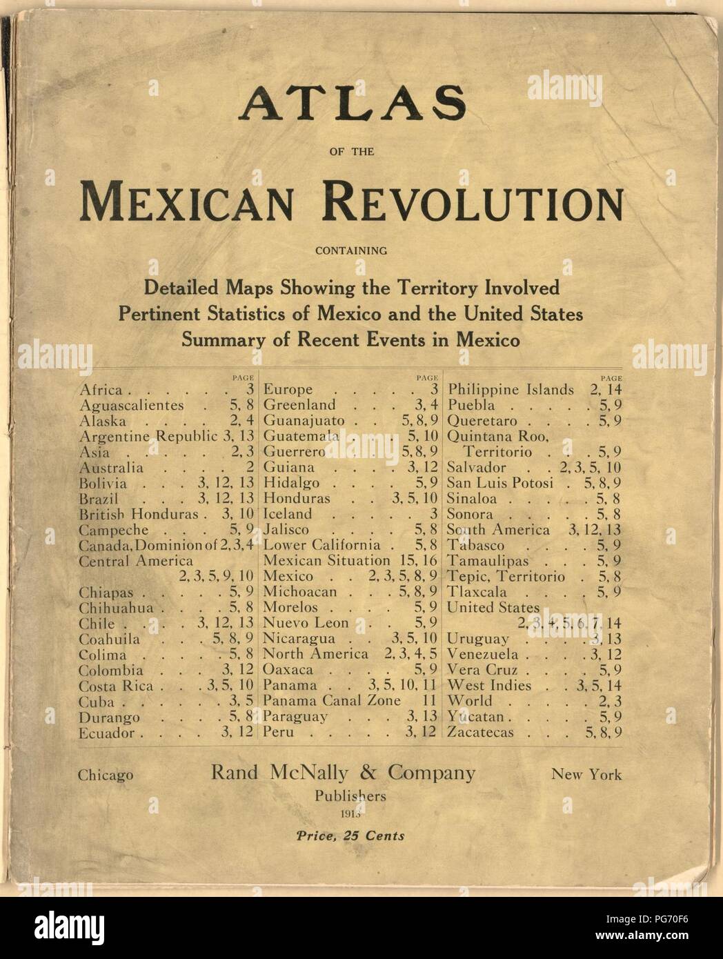 Atlas del conflicto mexicano - que contiene mapas detallados que muestran el territorio afectado, las estadísticas pertinentes de los Estados Unidos y México, resumen de los acontecimientos recientes en México. Foto de stock