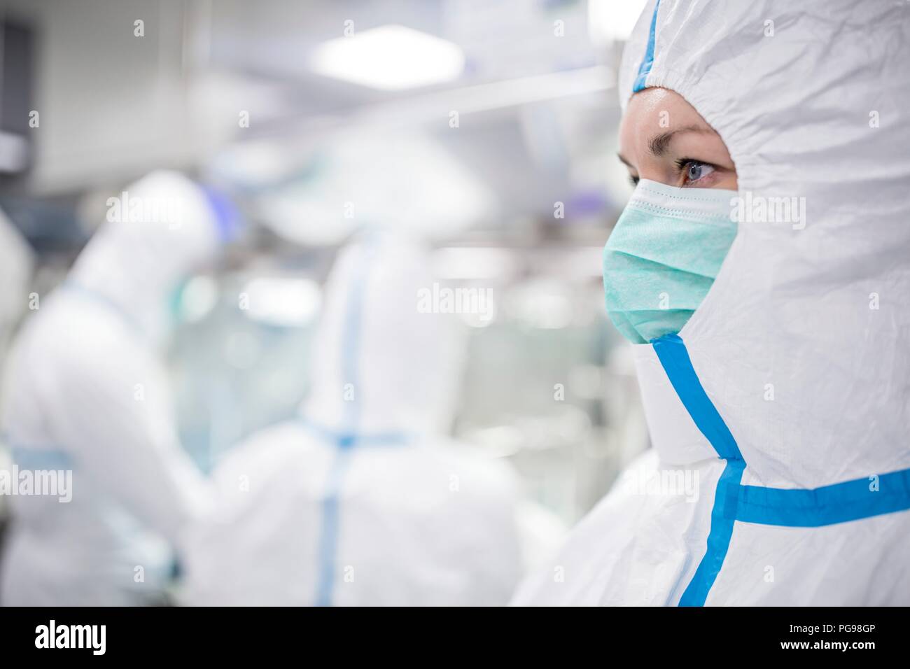 Los técnicos que trabajan en unidades aislador estéril sellada en un laboratorio que fabrica los tejidos humanos para el implante. Estos tejidos incluyen el hueso y los injertos de piel. Foto de stock