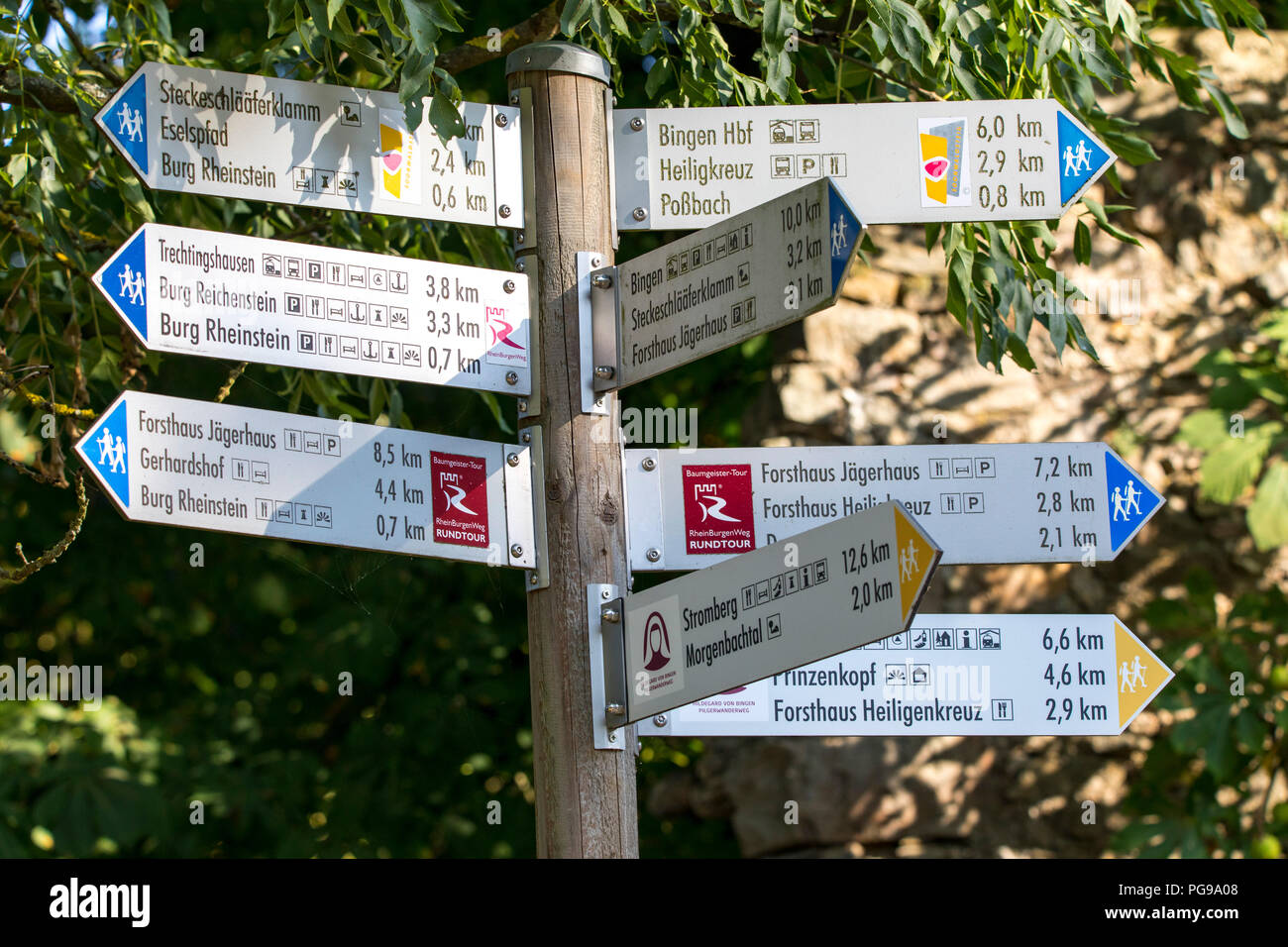 Señalización de diferentes rutas de senderismo en el Rheingau, Patrimonio de la Humanidad por la UNESCO, el valle del Rin Medio superior cerca de Bingen, Foto de stock