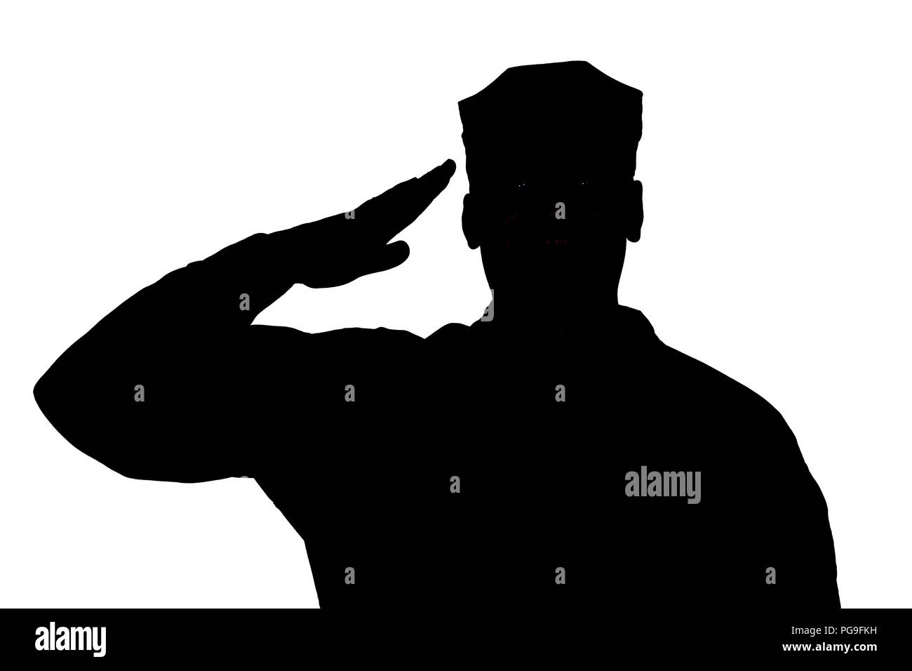 Soldado saludando silueta aislado sobre fondo blanco. Foto de stock
