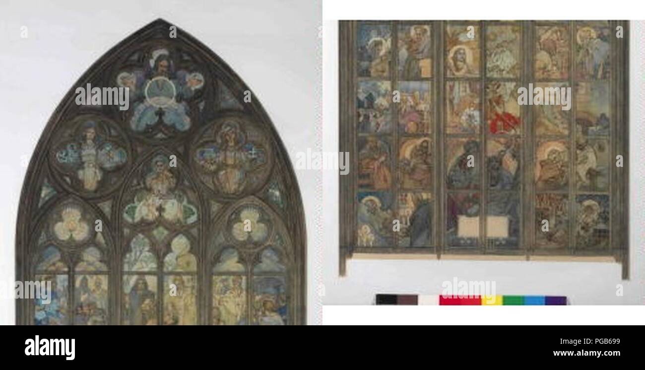 Autor Alfons Mucha 24.7.1860-14.7.1939 - Navrh na okno v katedrale sv. Vita v Praze. Foto de stock