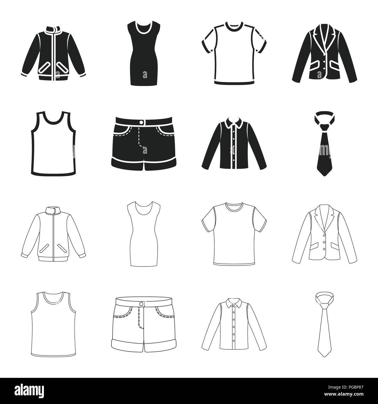 Camiseta con mangas largas, pantalones cortos, camiseta, corbata.Ropa de  colección de iconos en negro,estilo de esquema símbolo ilustración  vectorial de stock Imagen Vector de stock - Alamy