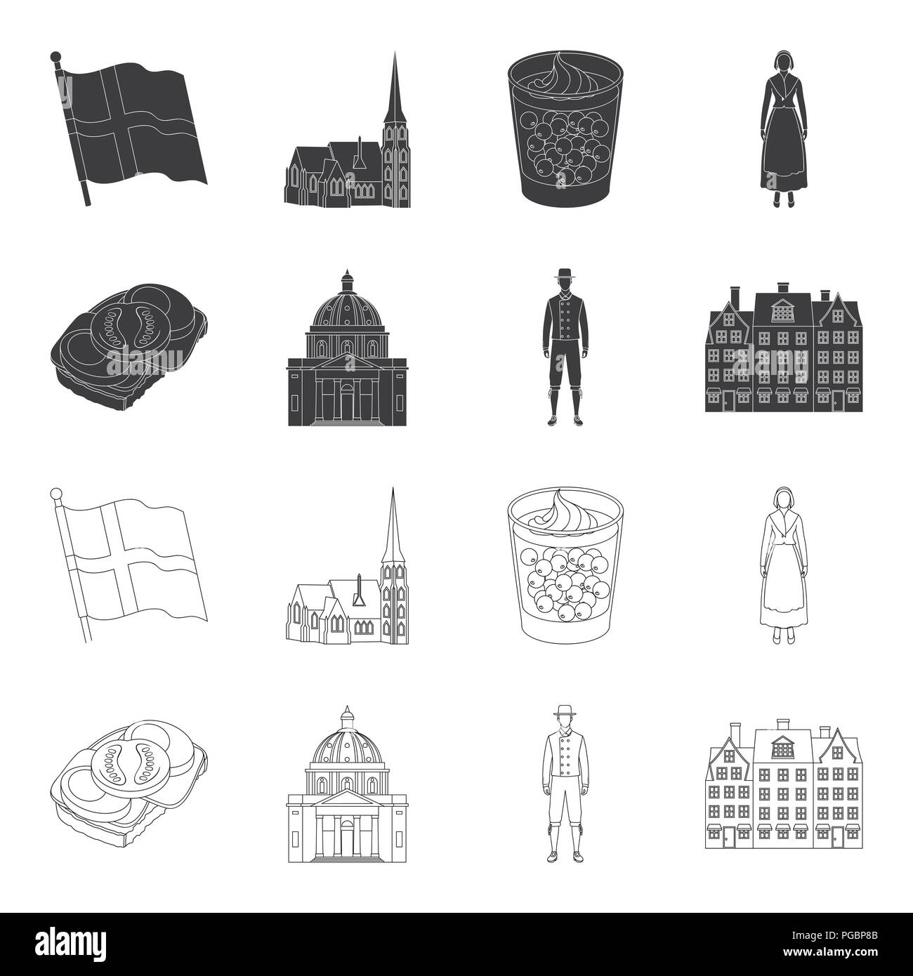 Dinamarca, historia, restaurante y otro icono en color negro,el estilo de esquema.sándwich, comida, pan iconos en conjunto Ilustración del Vector