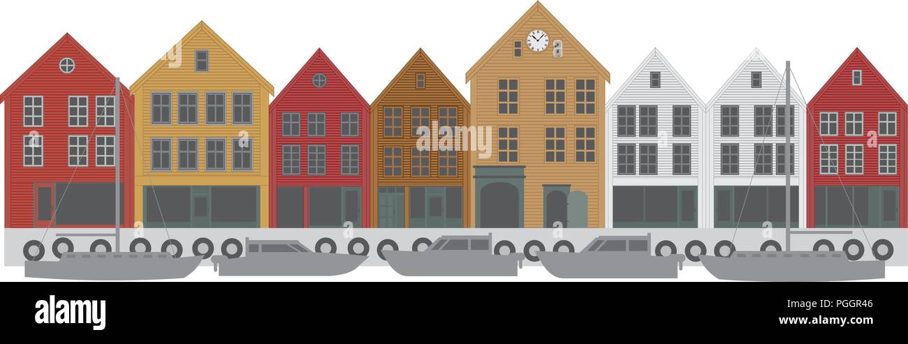 Bergen, Noruega downtown waterfront coloridos edificios del distrito de compras ilustración Ilustración del Vector