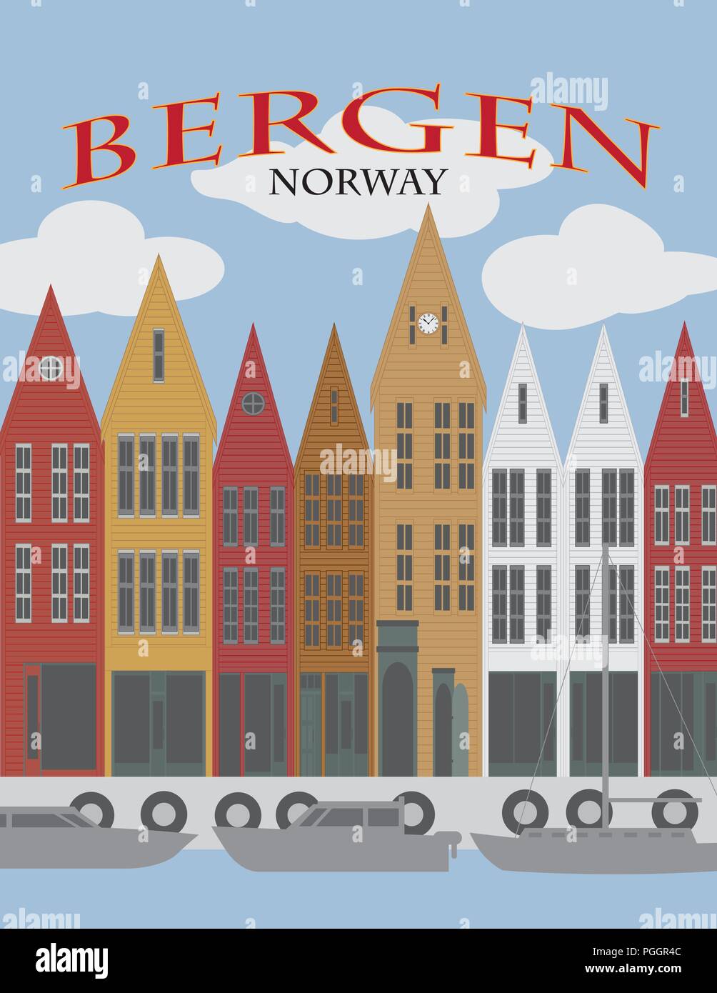 Bergen, Noruega downtown waterfront coloridas casas de madera distrito comercial ilustración póster Ilustración del Vector