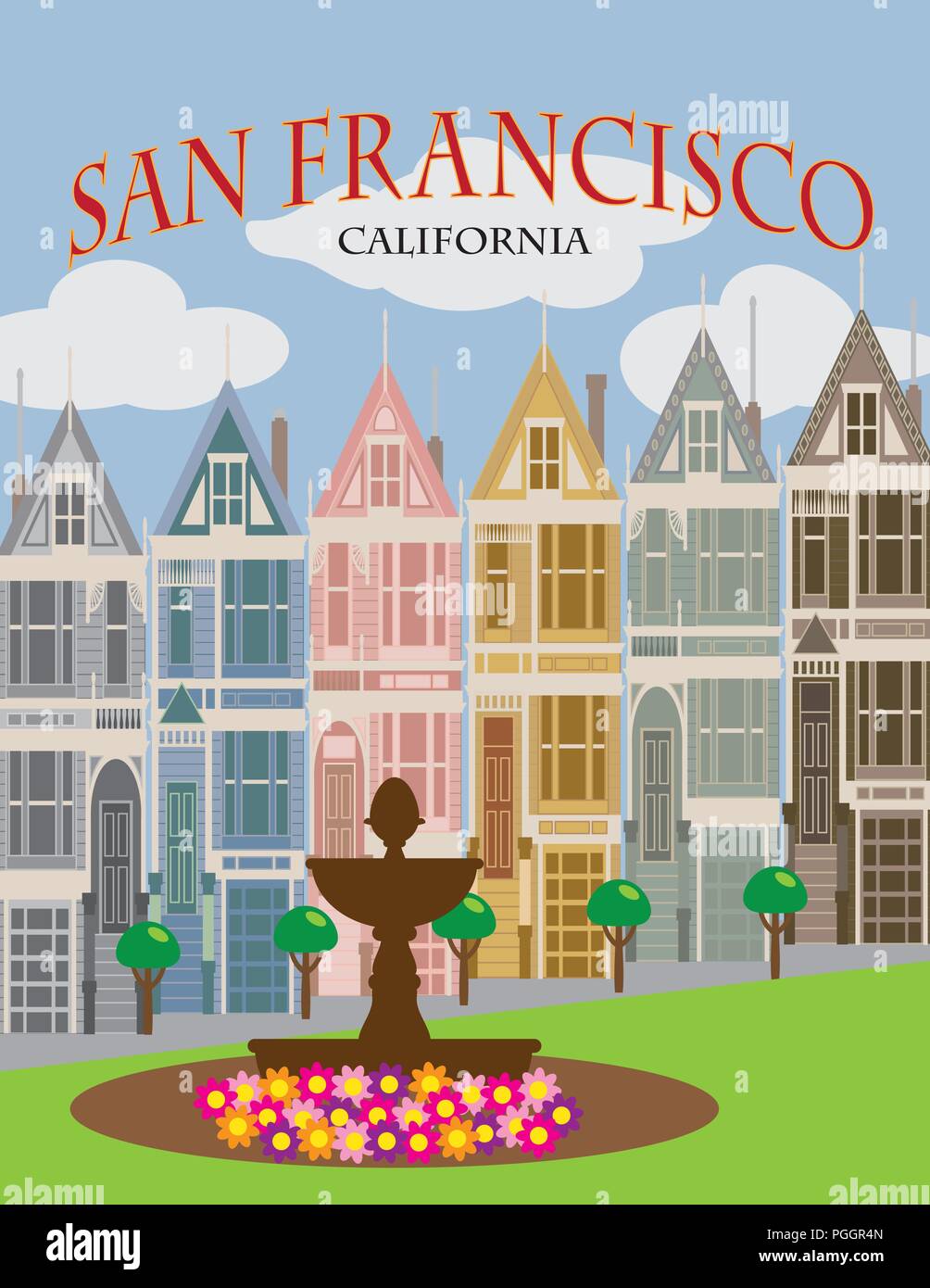 Damas Pintadas hilera de casas de estilo victoriano y eduardiano en San Francisco California póster en color ilustración Ilustración del Vector