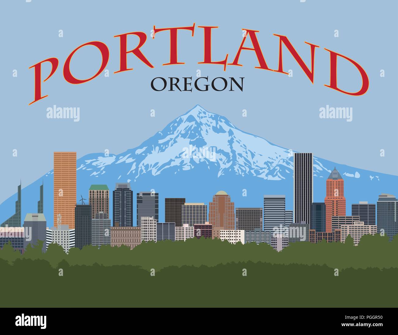 El centro de la ciudad de Portland, Oregón, horizonte en el Monte Hood póster en color ilustración Ilustración del Vector