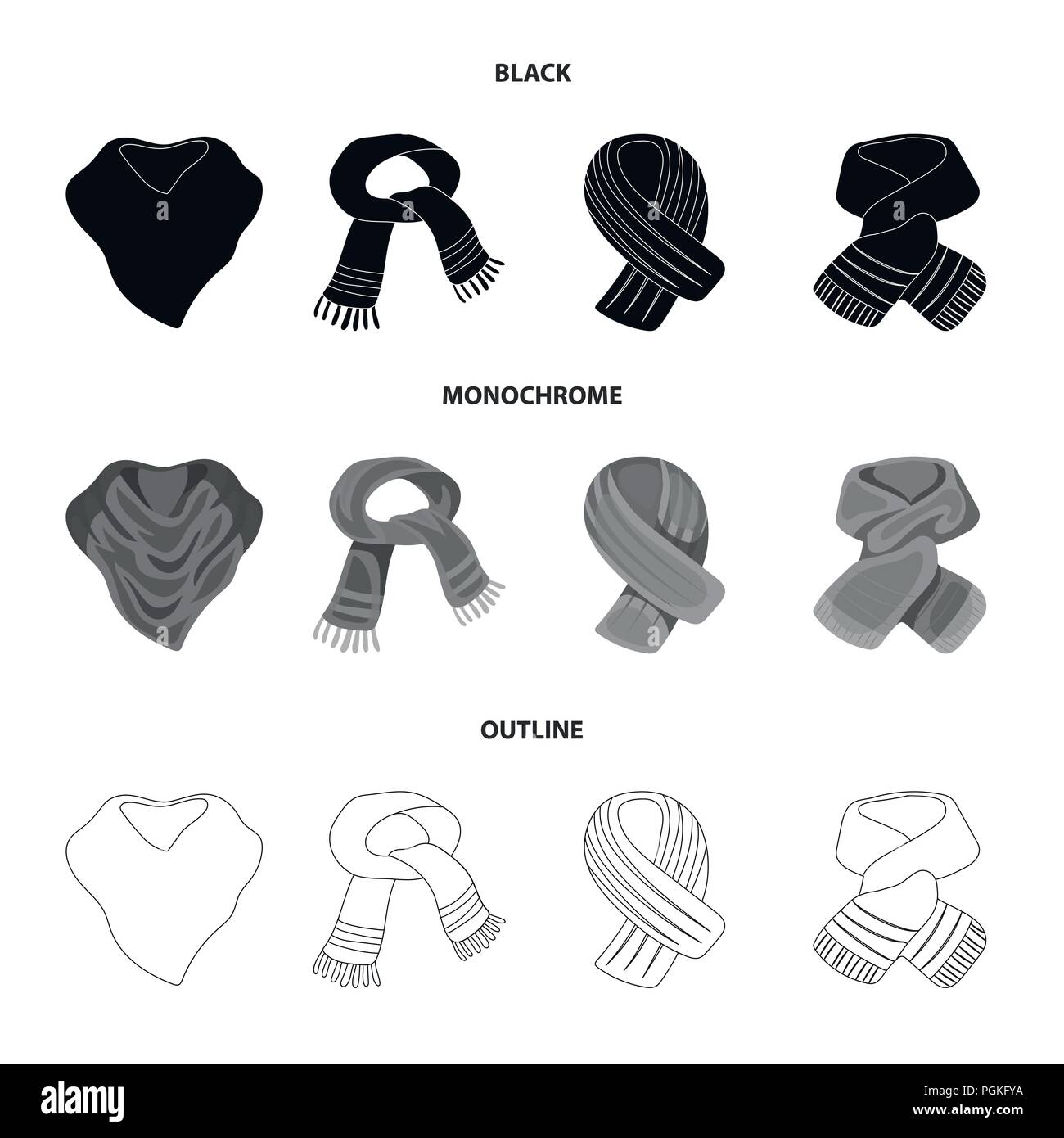 Diversos tipos de bufandas, pañuelos y bufandas. Pañuelos y Bufandas  colección de iconos en negro,monocromo, el estilo de esquema vector stock  symbol illustrati Imagen Vector de stock - Alamy