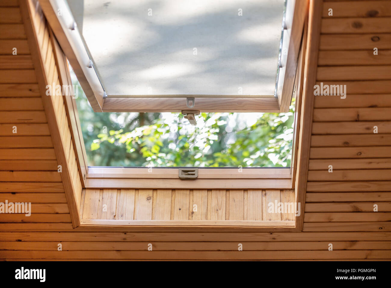 de acuerdo a ejemplo Incorrecto Abrir ventana de techo con persianas o cortinas en casa de madera de la  buhardilla. Habitación con techo inclinado hechas de materiales ecológicos  naturales y vistas al parque a través de abierto