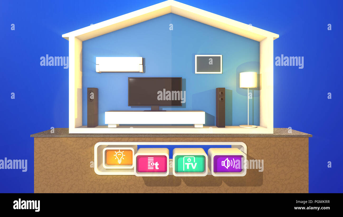 Un jolly 3d ilustración de un hogar inteligente con un botón pulsado el  significado de una palabra lámpara encendida. Los otros electrodomésticos,  incluyendo TV de plasma, altavoces larga, whi Fotografía de stock -