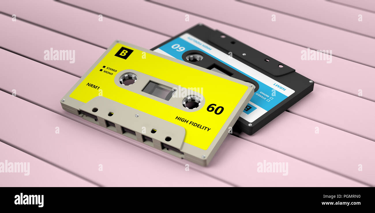 Setenta y Ochenta música de fiesta. Cassettes de audio Vintage aislado sobre fondo de madera de rosa. Ilustración 3d Foto de stock