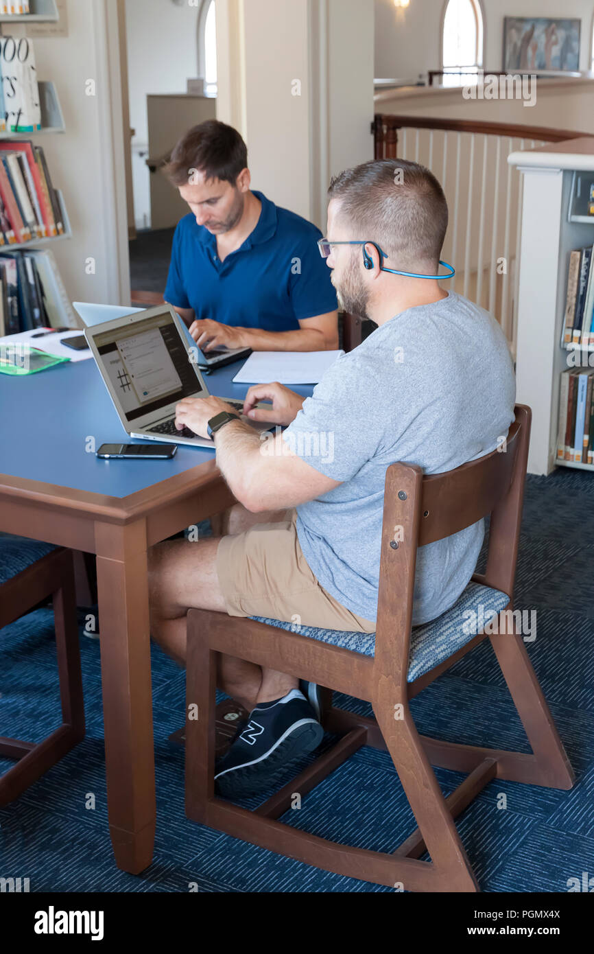 Adultos que utilizan computadoras portátiles en la biblioteca pública de Provincetown, Massachusetts. Foto de stock