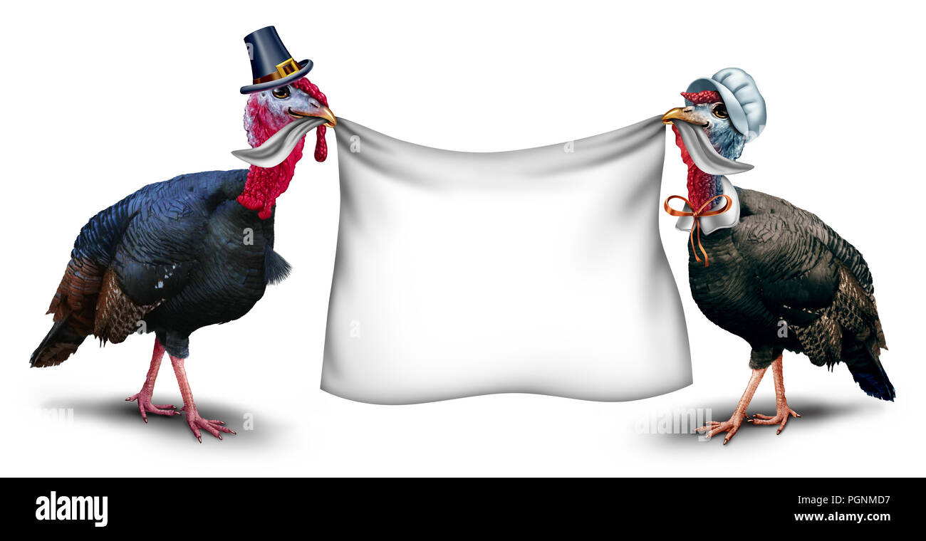 Firmar en blanco el día de Acción de Gracias como una gallina y gobbler Turquía sosteniendo una bandera blanca con ilustración 3D elementos. Foto de stock