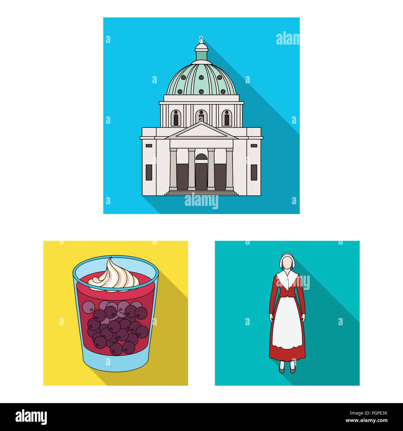 Viajar en Dinamarca iconos planas en conjunto para el diseño. Dinamarca y atracciones símbolo vector stock ilustración. Ilustración del Vector