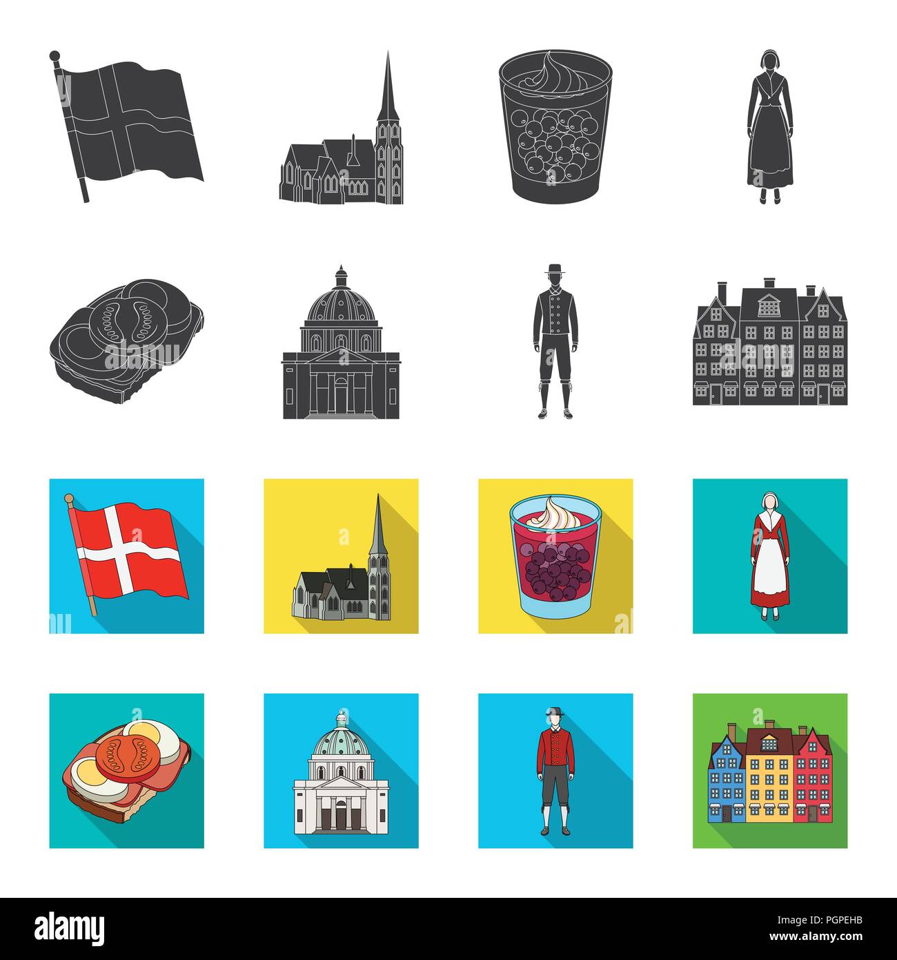Dinamarca, historia, restaurante y otro icono en negro,flet style.sándwich, comida, pan iconos en conjunto Ilustración del Vector