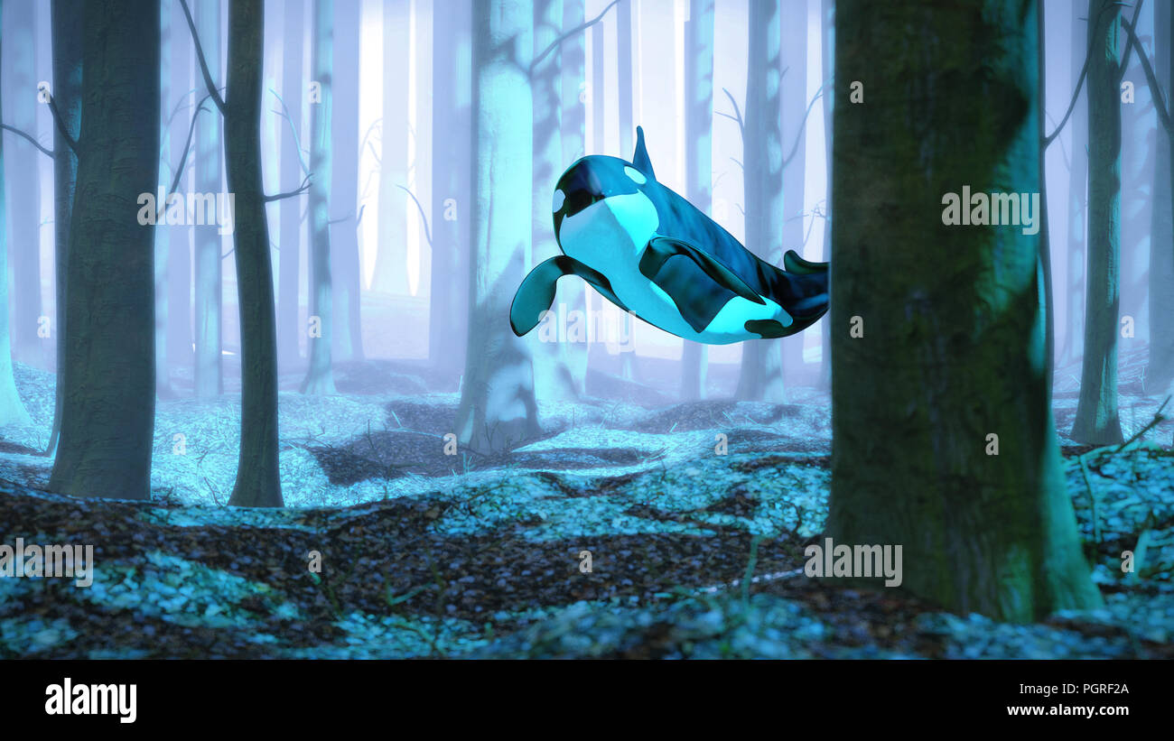 Orca nadando en bosque, orca volando en niebla, el paisaje surrealista de renderizado 3D. Foto de stock