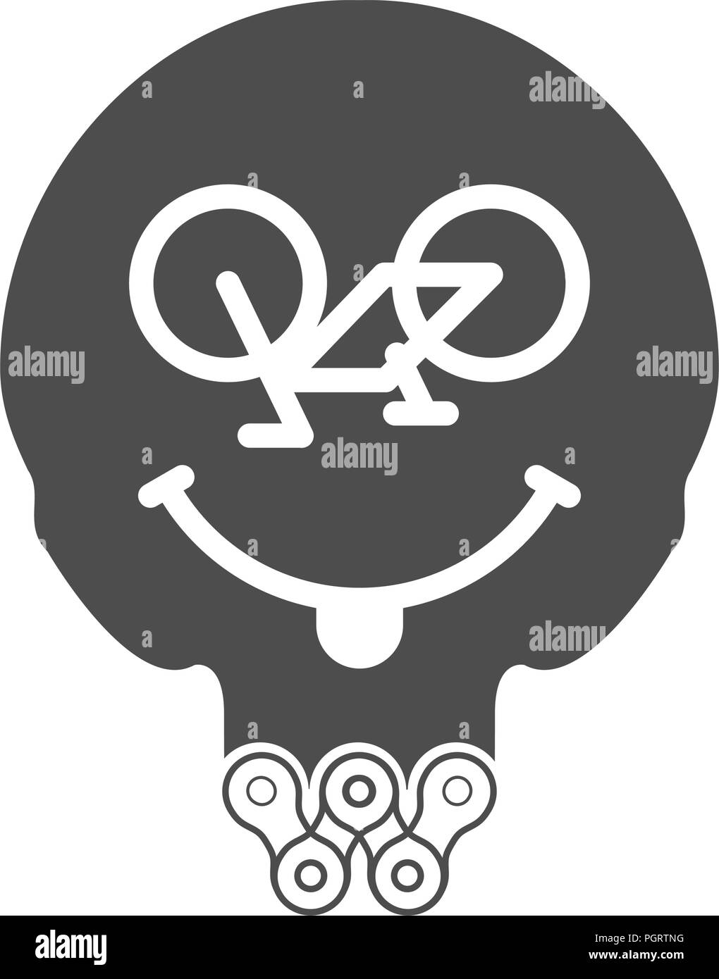 Ciclismo sonrisa, positiva o Sonriente Cara Sonriente. Icono de vector de cráneo con barba de bicicleta o cadena de bicicleta. T-shirt de impresión monocromo. Ilustración del Vector