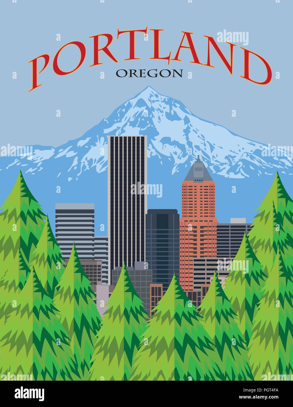 El centro de la ciudad de Portland, Oregón, horizonte en el Monte Hood desde el punto panorámico en color ilustración póster Ilustración del Vector