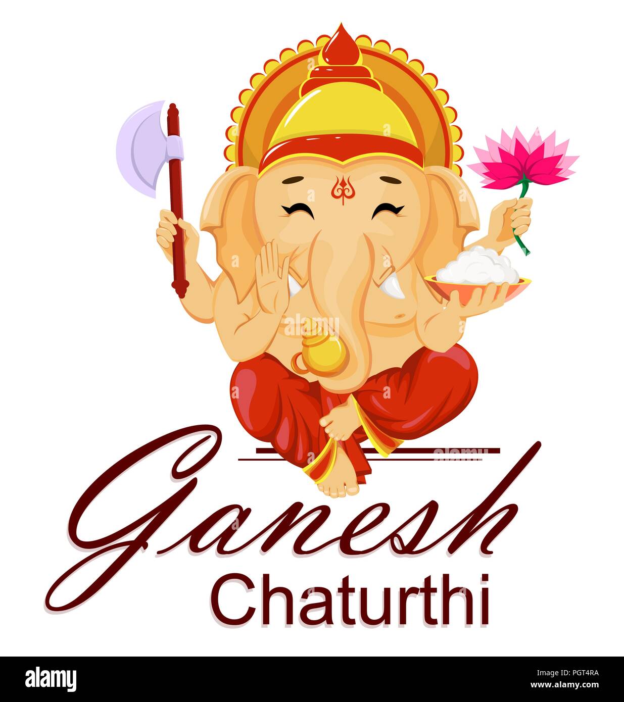 Feliz Ganesh Chaturthi tarjeta de felicitación para el festival tradicional de la India. Sentado el Señor Ganesha con cuatro manos. Ilustración vectorial sobre fondo blanco. Ilustración del Vector