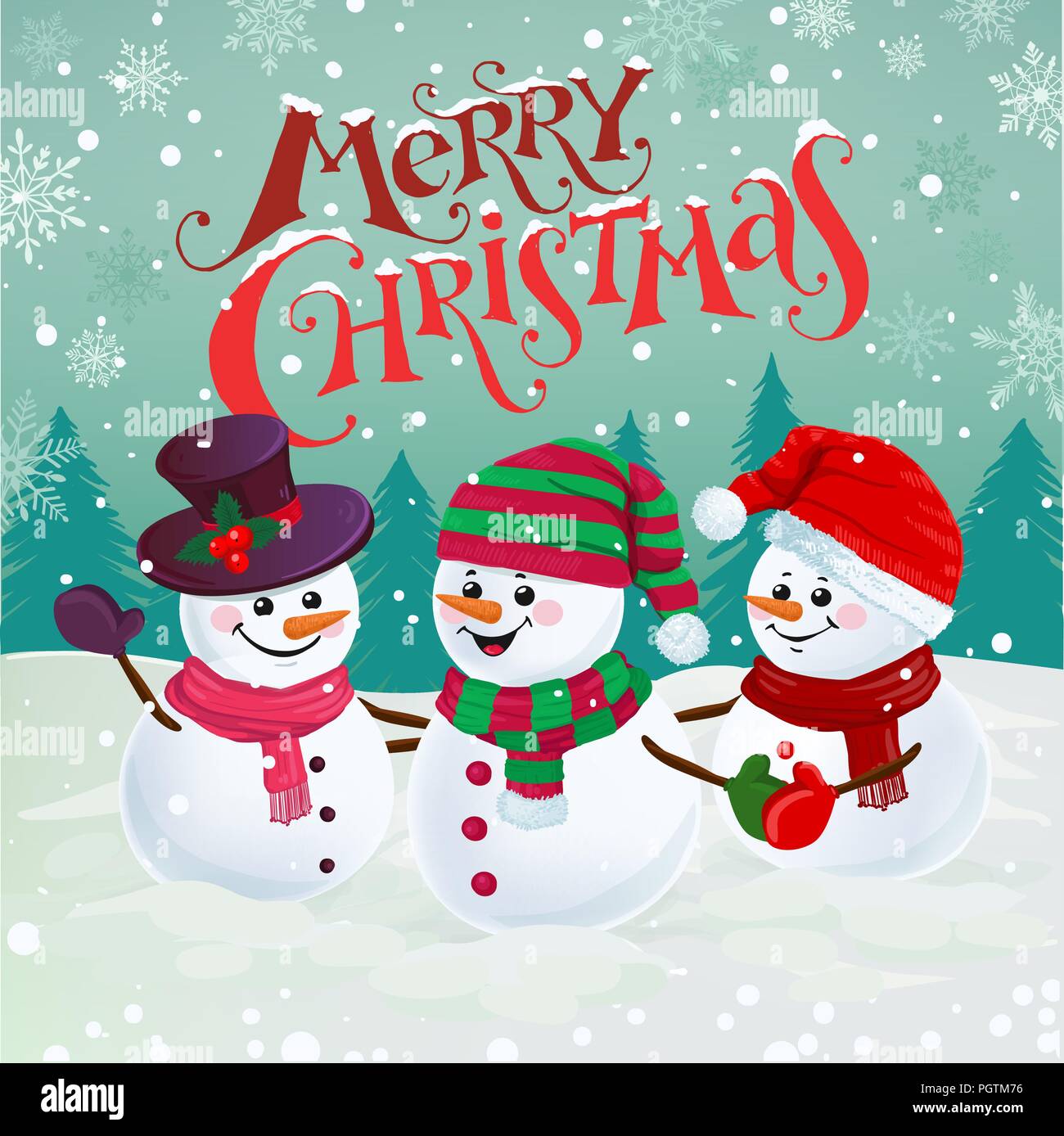 Tres divertidos muñecos de nieve en sombreros, bufandas y manoplas de  nevados de fondo con letras de vacaciones. Feliz Navidad ilustración  vectorial Imagen Vector de stock - Alamy