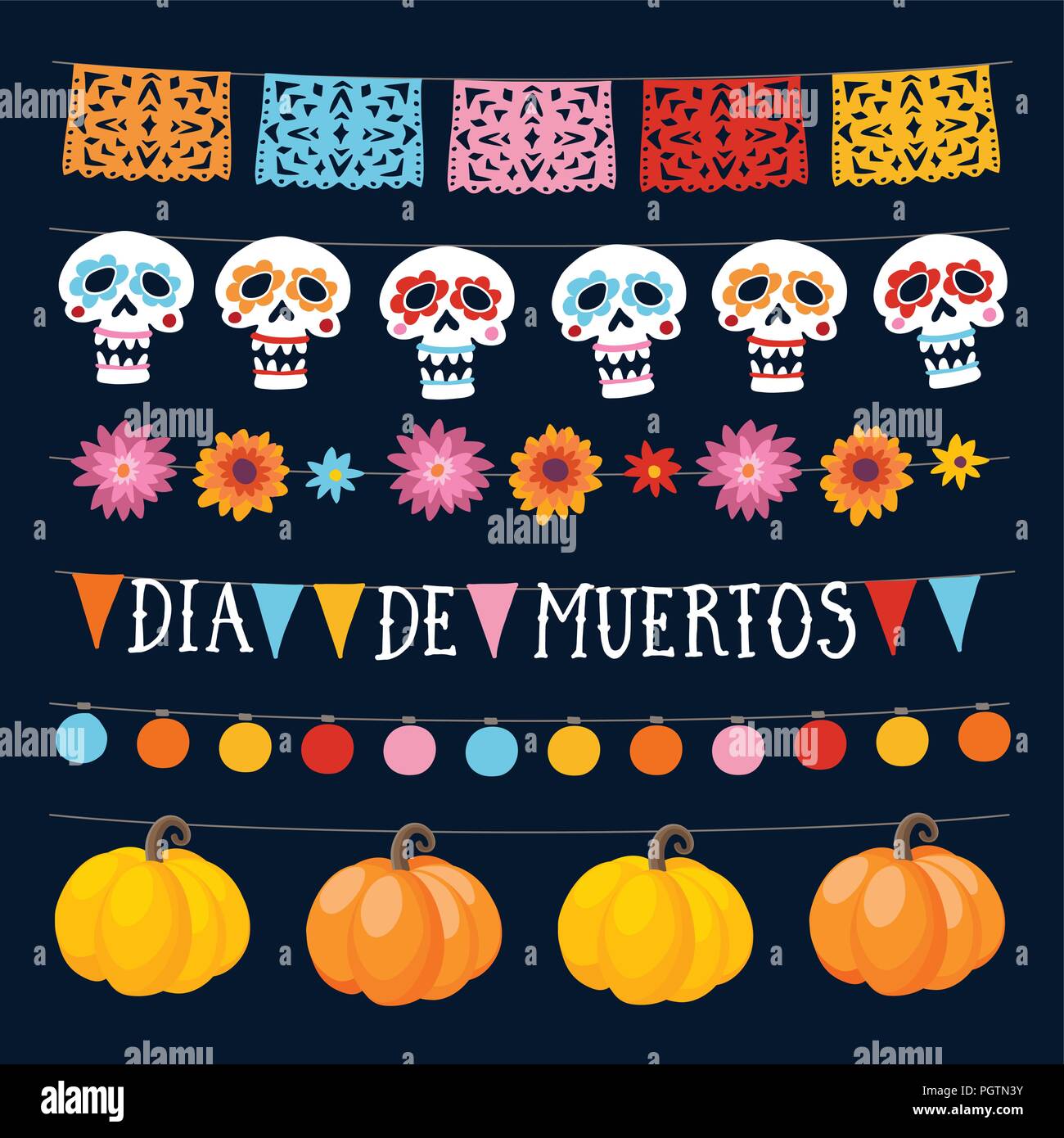 Conjunto de Dia de los Muertos, el Día de los Muertos mexicano guirnaldas  con luces, bunting banderas ornamentales, calaveras y calabazas. Colección  de fiesta en el jardín halloween decoraciones. Aísla los objetos