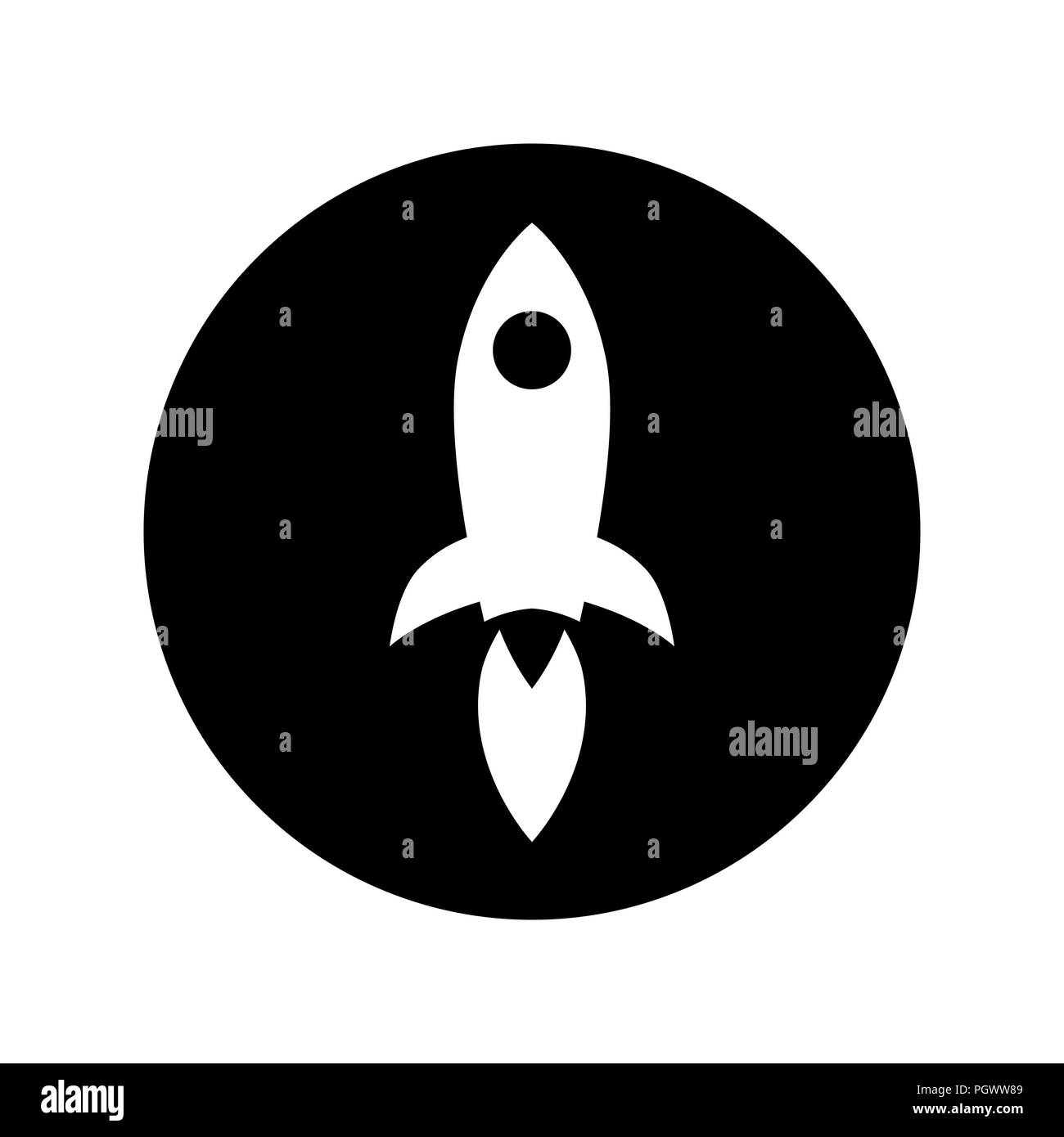 Icono de lanzamiento de cohetes en el círculo blanco sobre negro Ilustración del Vector