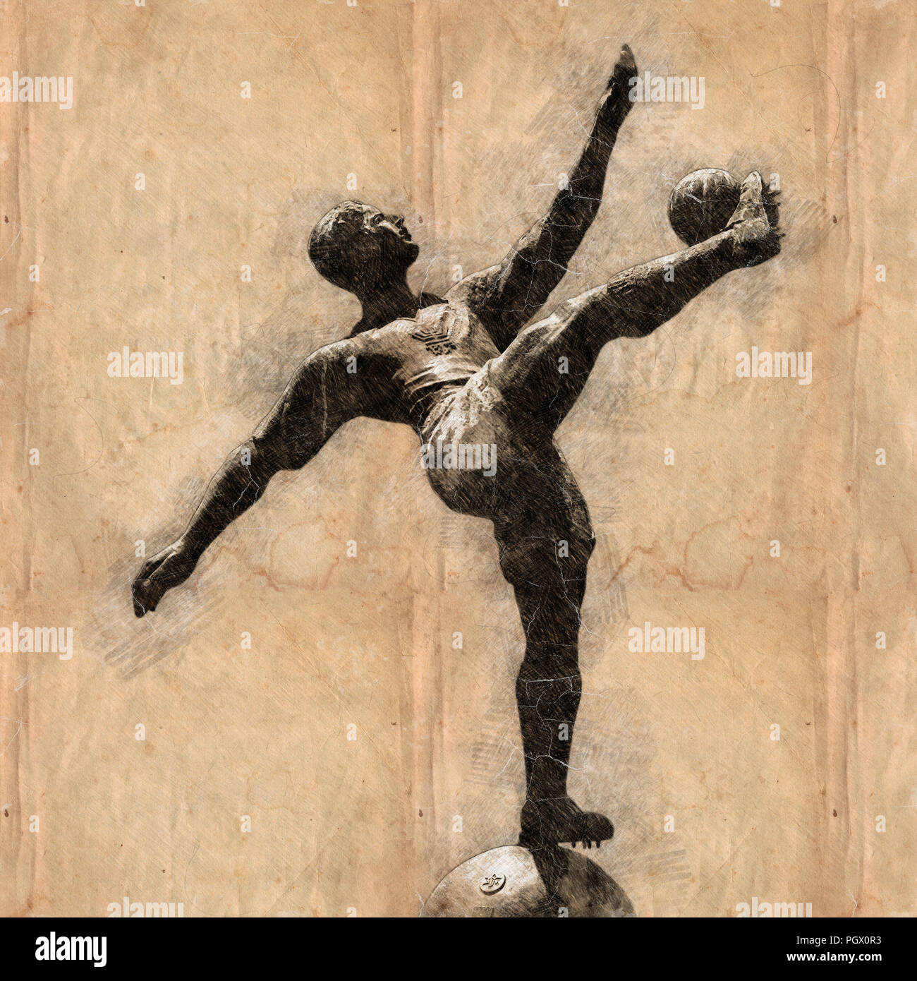 Mejoradas digitalmente la imagen de una estatua de un jugador de fútbol en acción Foto de stock