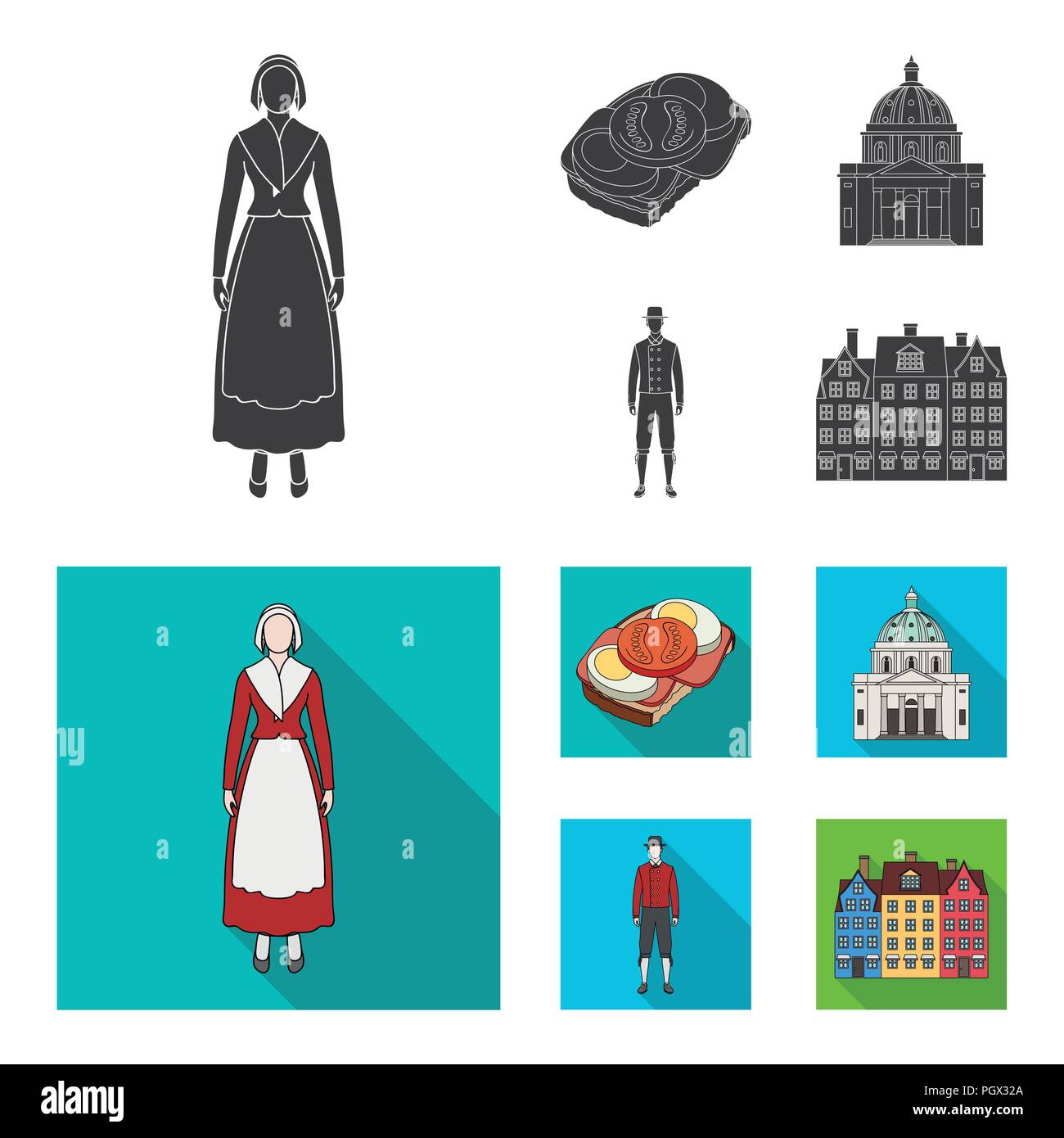 Dinamarca, historia, restaurante y otro icono en color negro, estilo plano.sándwich, comida, pan iconos en conjunto Ilustración del Vector
