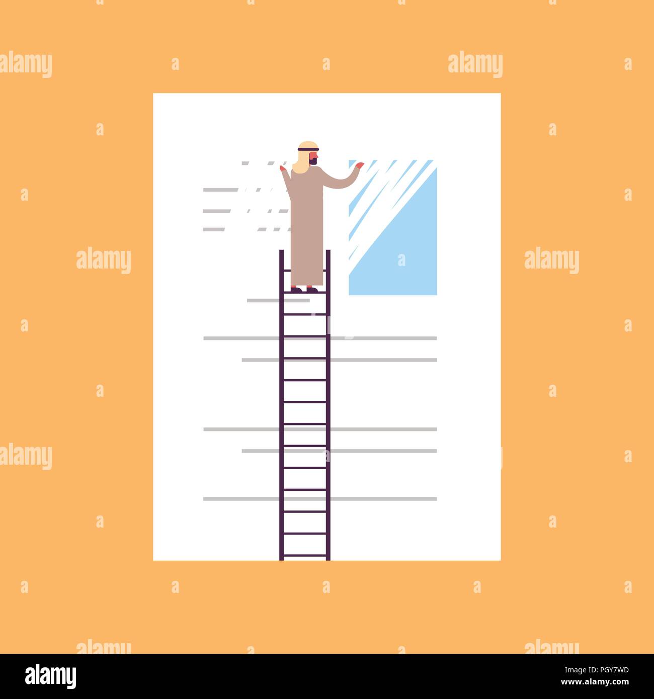 El empresario árabe borrando información borrar datos concepto hombre árabe en la escalera delate info fondo azul plana Ilustración del Vector