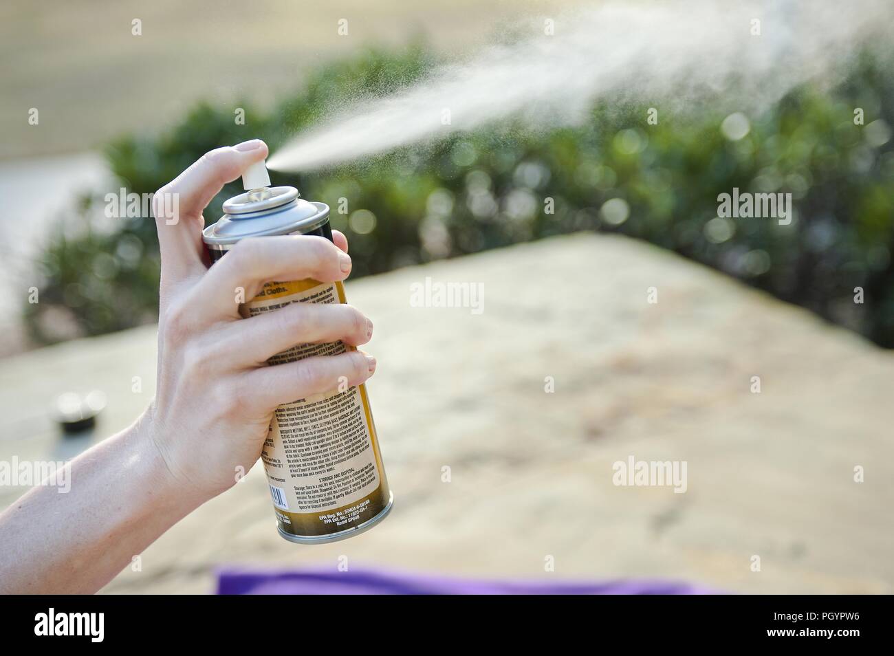Las mujeres que usan registrado EPA spray repelente de insectos, 2016. Imagen cortesía de los Centros para el Control de Enfermedades (CDC) / Centro Nacional para Enfermedades infecciosas emergentes y zoonóticas (NCEZID). () Foto de stock