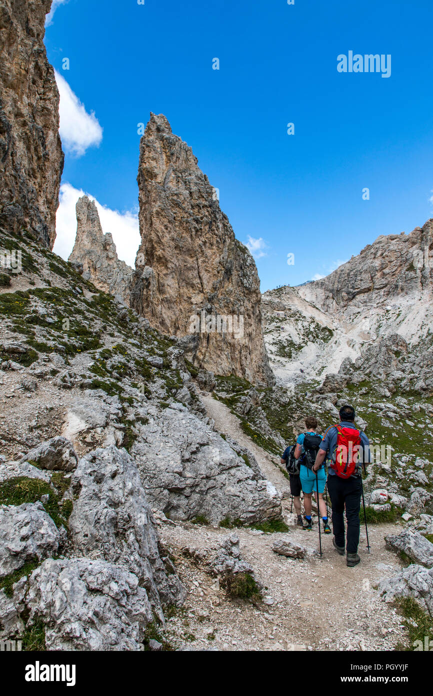 Excursionista de montaña en el Parque Natural Puez-Geisler, dolomitas, Tirol del Sur, Trentino, Italia Foto de stock