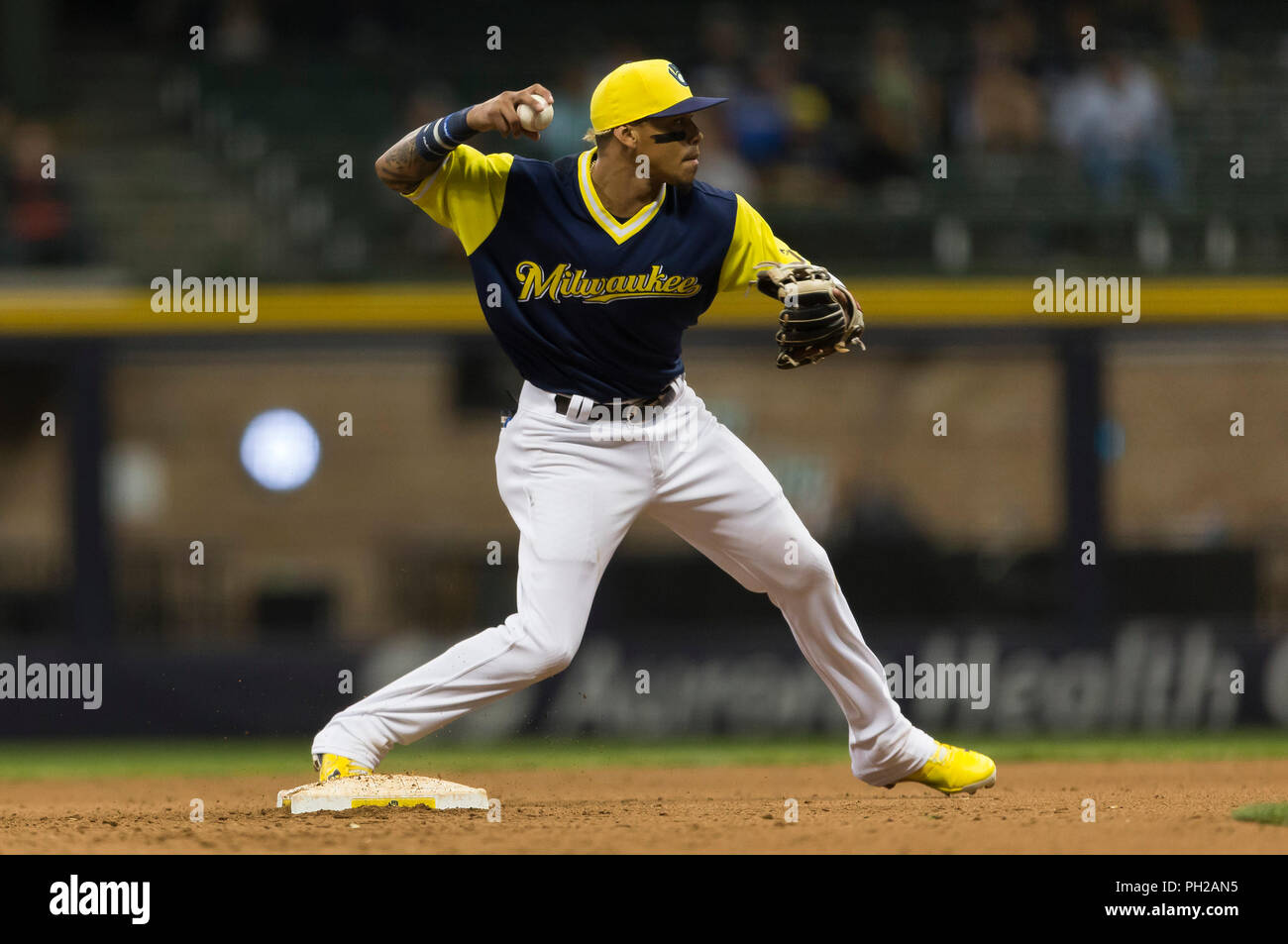 05 August 2016: Milwaukee Brewers Shortstop Orlando Arcia (3) gets his  first MLB hit and RBI single [10779] during a game between Milwaukee Brewers  and the Arizona Diamondbacks at Chase field. (Photo