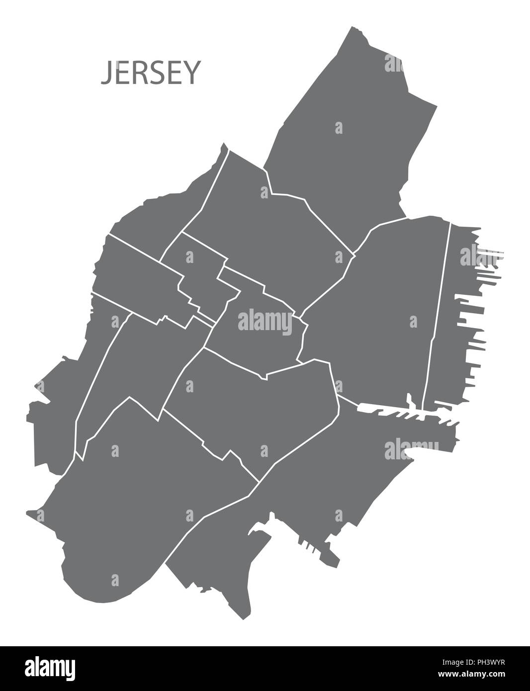 Jersey Nueva Jersey City mapa barrios con forma de silueta ilustración gris Ilustración del Vector