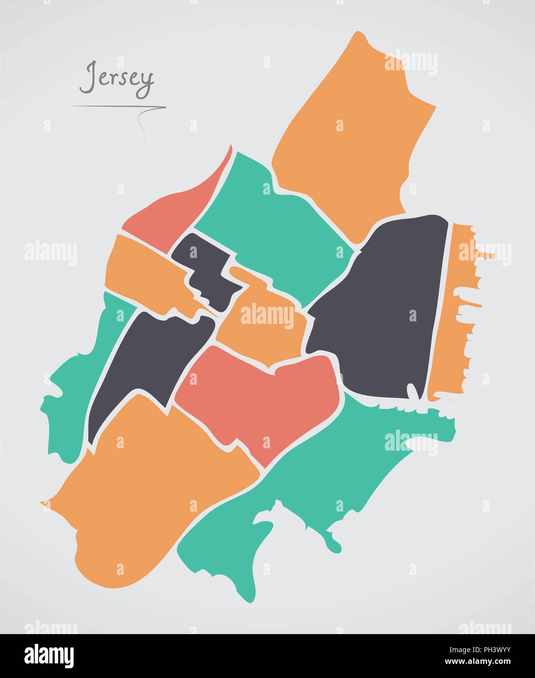 Jersey Nueva Jersey mapa con los barrios y modernas formas redondas Ilustración del Vector