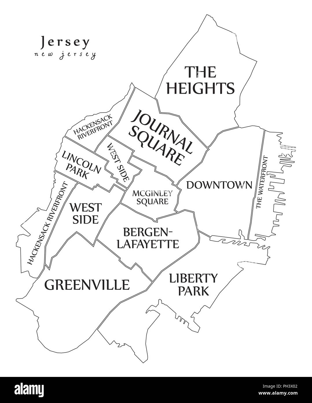 Ciudad moderna - Mapa de la ciudad de Jersey, Nueva Jersey, EE.UU. con los barrios y títulos mapa de esquema Ilustración del Vector