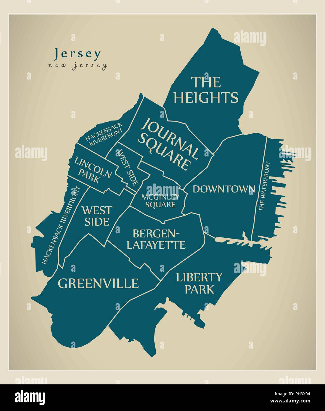 Ciudad moderna - Mapa de la ciudad de Jersey, Nueva Jersey, EE.UU. con los  barrios y títulos Imagen Vector de stock - Alamy