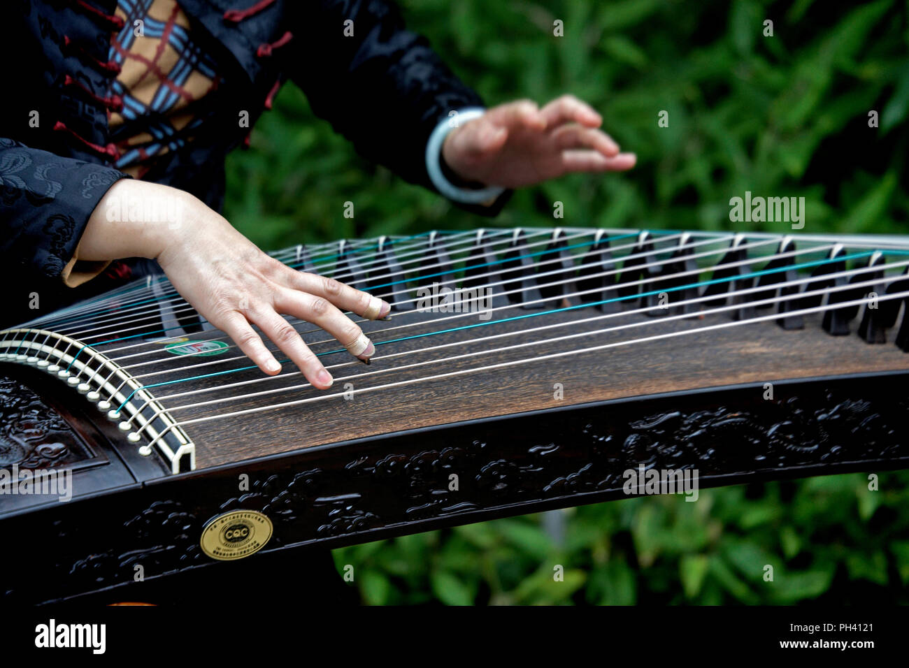Primer plano de una joven tocando el guzheng un instrumento musical un