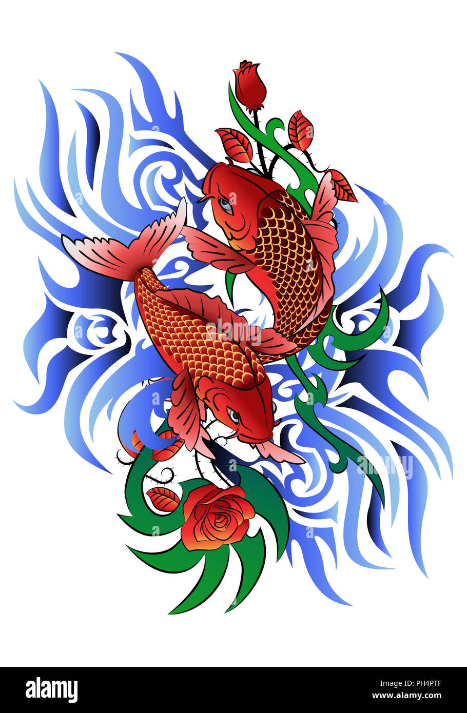 Ilustración de dos peces koi en onda tatuaje sobre fondo blanco. Foto de stock