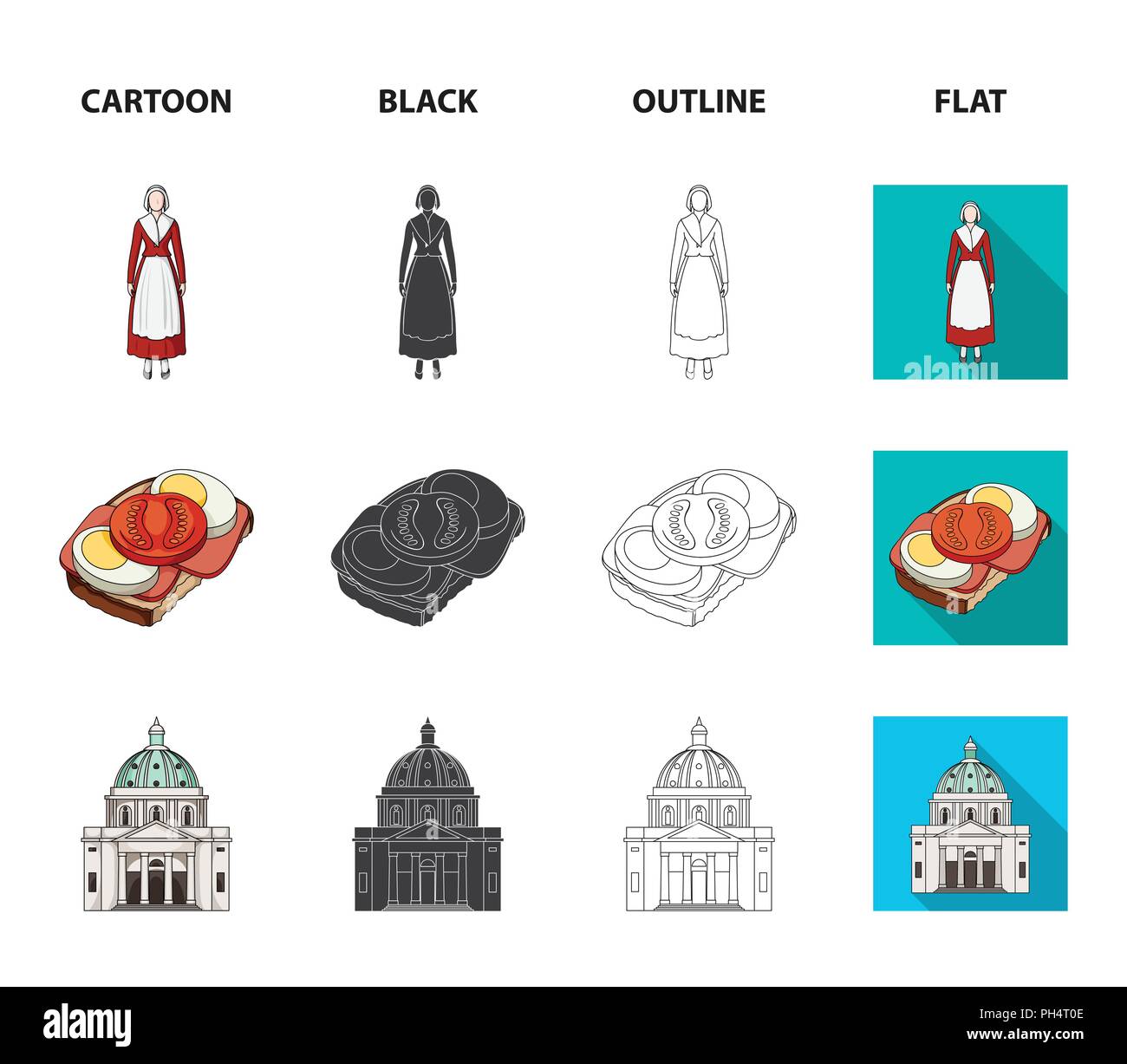 Dinamarca, historia, restaurante y otro icono de cartoon,negro,esbozo,estilo plano.alimentos pan Sandwich iconos en conjunto Ilustración del Vector